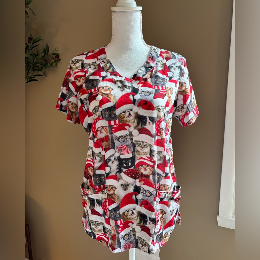 Festive Cat Print Scrub Top